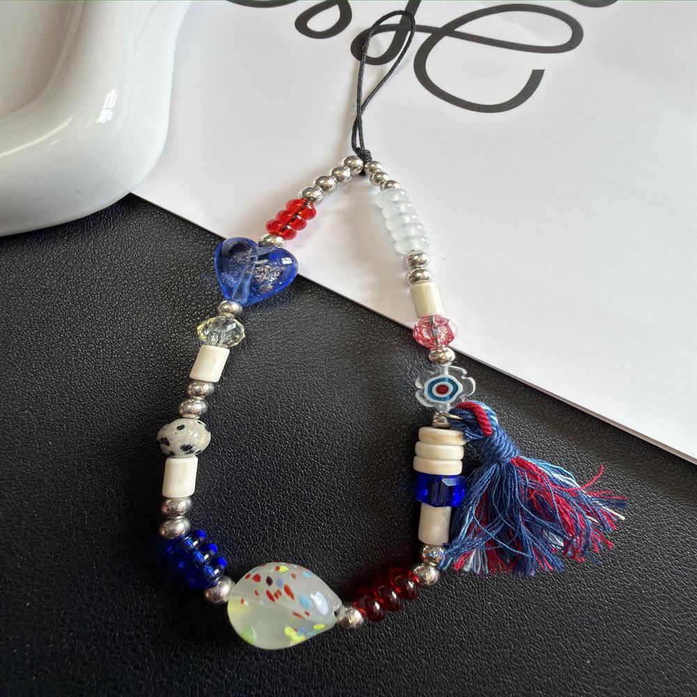 Ethnic Blue Heart Wool Tassel Phone & Camera Lanyard Blue Heart Wool Tassel Lanyard