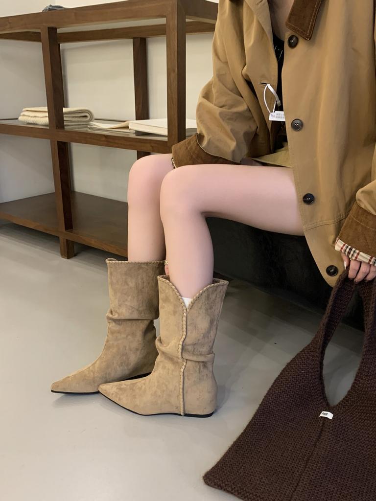 2025 new retro stacking boots inner height increase and thin thick heel short boots women's brown pointed mid tube western boots