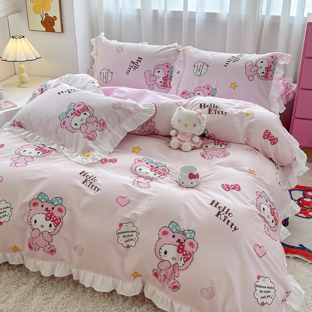 Official Sanrio Hello Kitty All-Cotton 4-Piece Bedding Set - Sheet, Pillowcase & Bed Skirt for Dorms