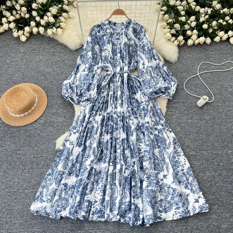 

Женские платья макси в стиле «американский шик» с принтом, круглым вырезом и рукавами-фонариками, женские платья Vestidos De Mujer, платье-трапеция со шнуровкой One Size