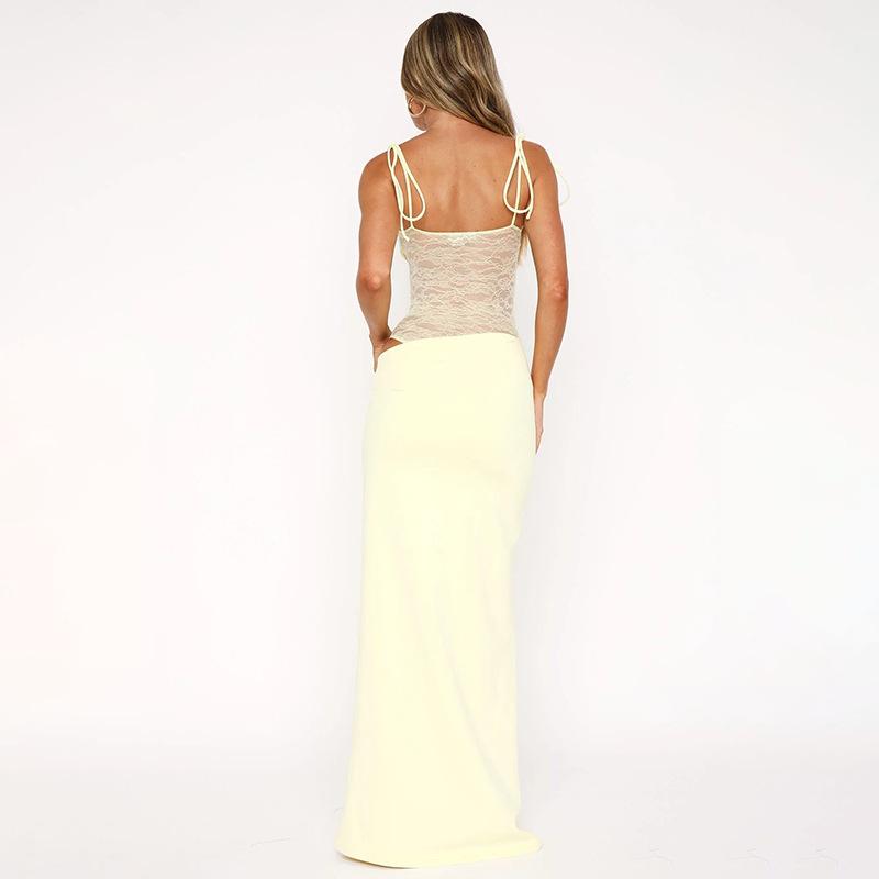 European and American Spring Women's Sexy Lace Splicing Hollow Perspective Strap Dress