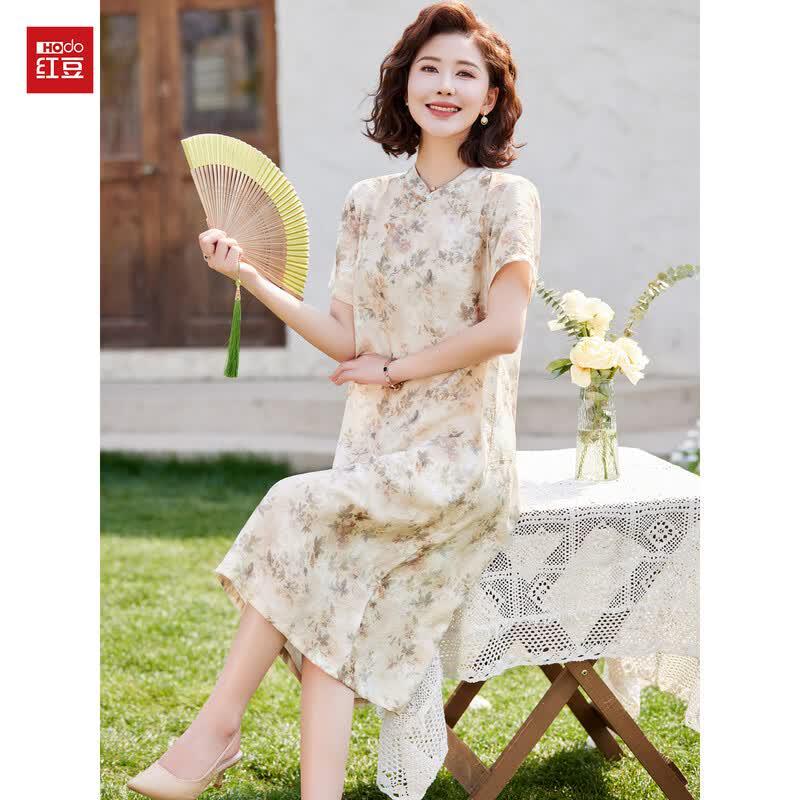 Hodo Mid-Aged Women s Chinese Style Floral Short Sleeve Dress 3XL
