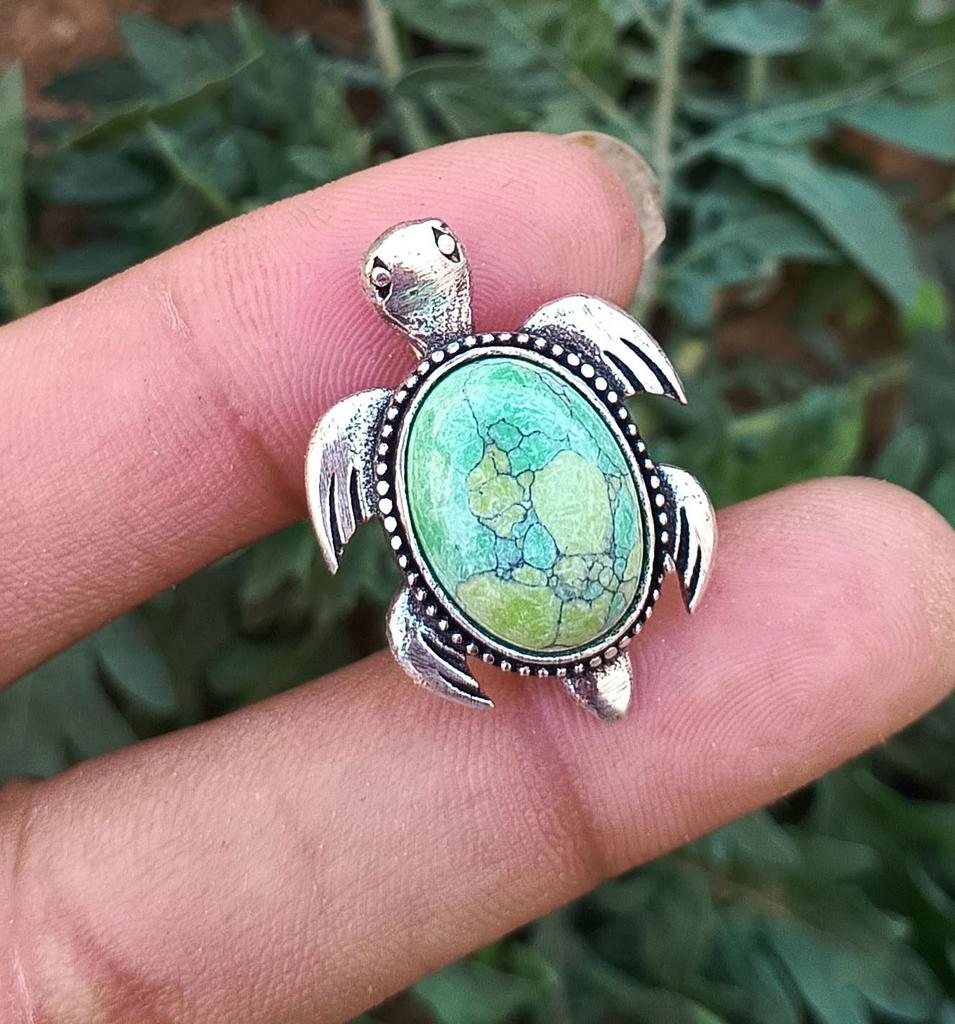 Green Turquoise Gemstone 925 Sterling Silver Plated Tortoise Pendant