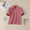 ZANZEA Women Casual Stand Collar Short Sleeve Summer Grid Print Blouse