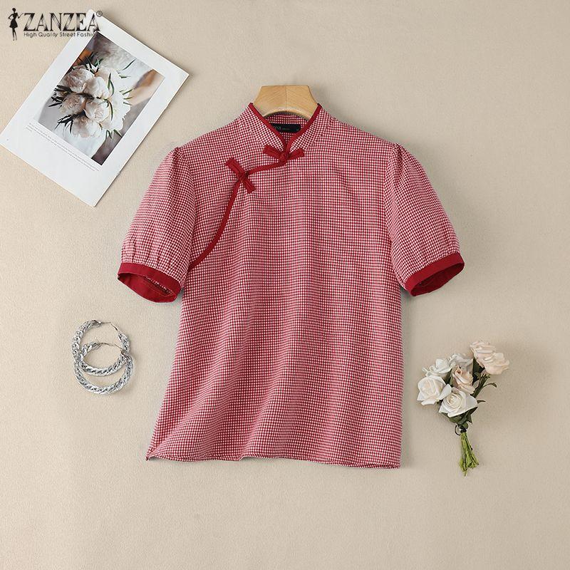 ZANZEA Women Casual Stand Collar Short Sleeve Summer Grid Print Blouse