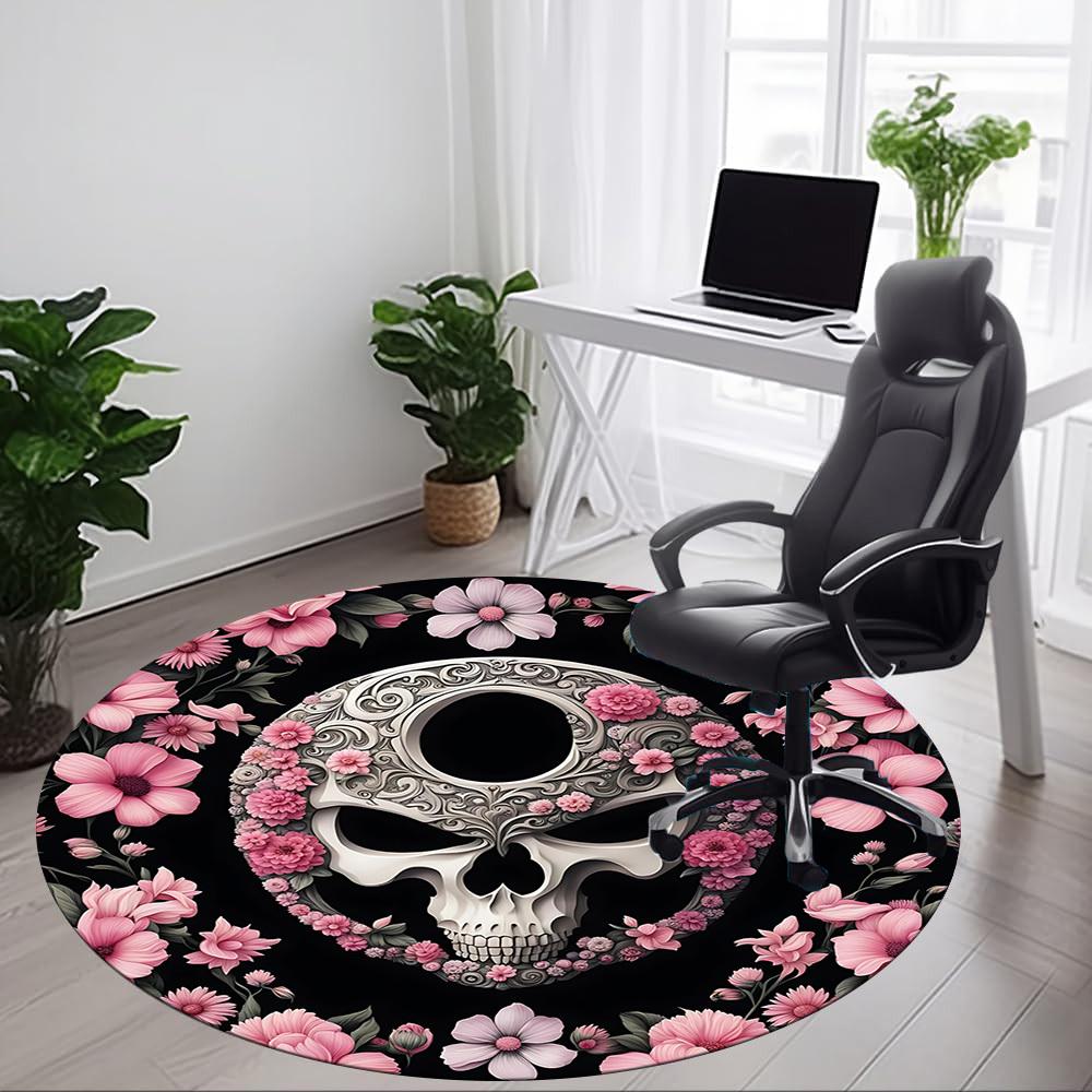1pc Skull Flowers Office Round Area Rug, Indoor Mat Suitable For Office, Under Office Chairs Bedroom Living Room Home Decor, Room Deco