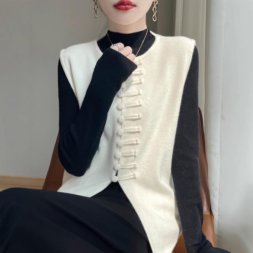 

Женский вязаный жилет на пуговицах-лягушках в китайском стиле - Без рукавов, кардиган свободного кроя для весны и осени. 2XL (suitable for 66-75 kg) чёрный