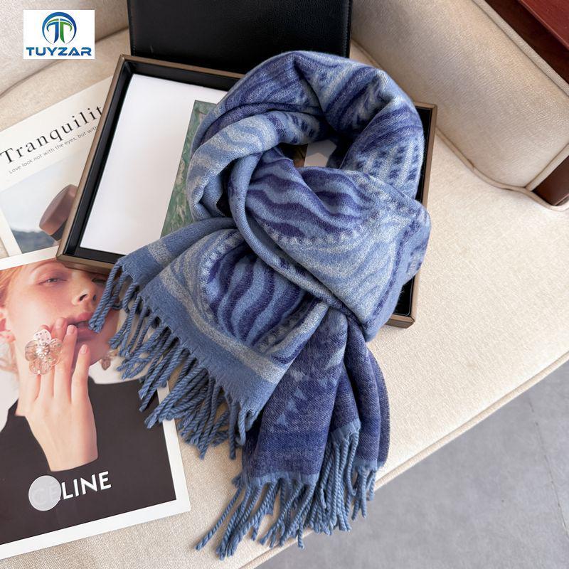 

Women s Ethnic Style Double-Sided Scarf: Thick, Warm, Imitation Cashmere Snood & Shawl for Autumn/Winter 200cm with Tassels озеро синього кольору