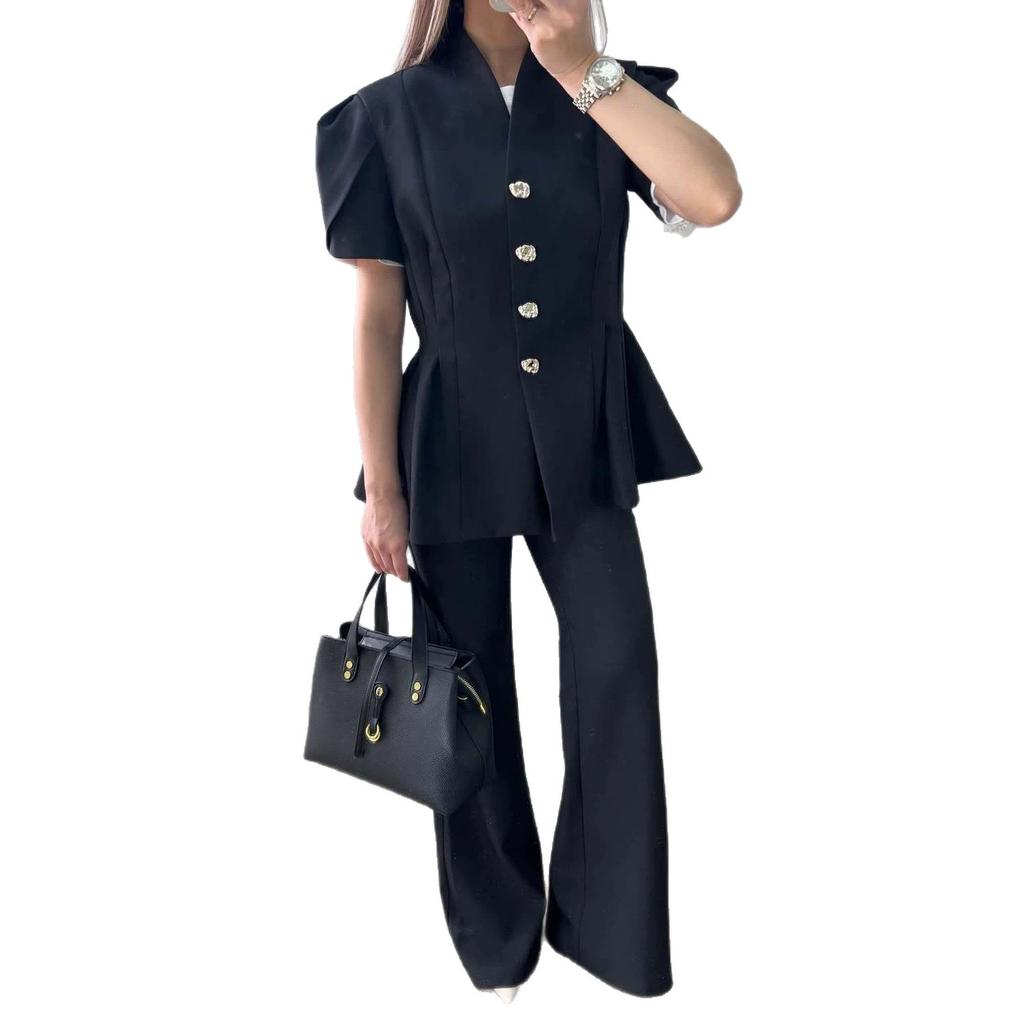 European and women's clothing new solid color button stand-up collar short sleeve waist wide swing top wide leg pants set