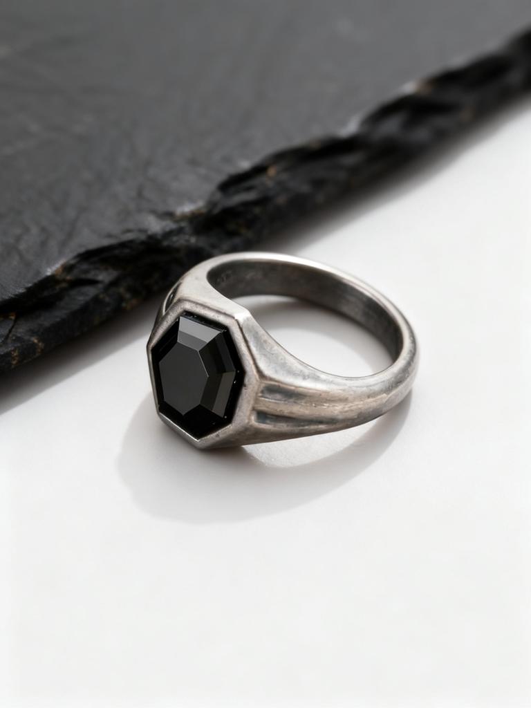 Sechseckiger Schwarzer Zirkonring für Herren, Edelstahl Antiksilber Farbe Geometrisches Band, Punk Statement Schmuck Geschenk