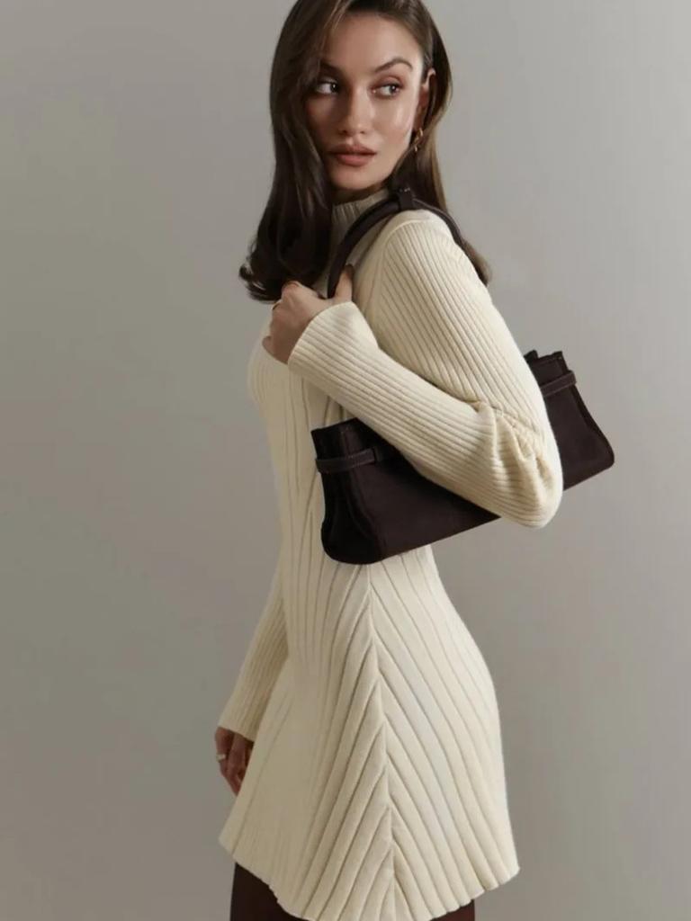 New Long Sleeve Bodycon Knit Dress with High Neck, Solid Color, Elegant