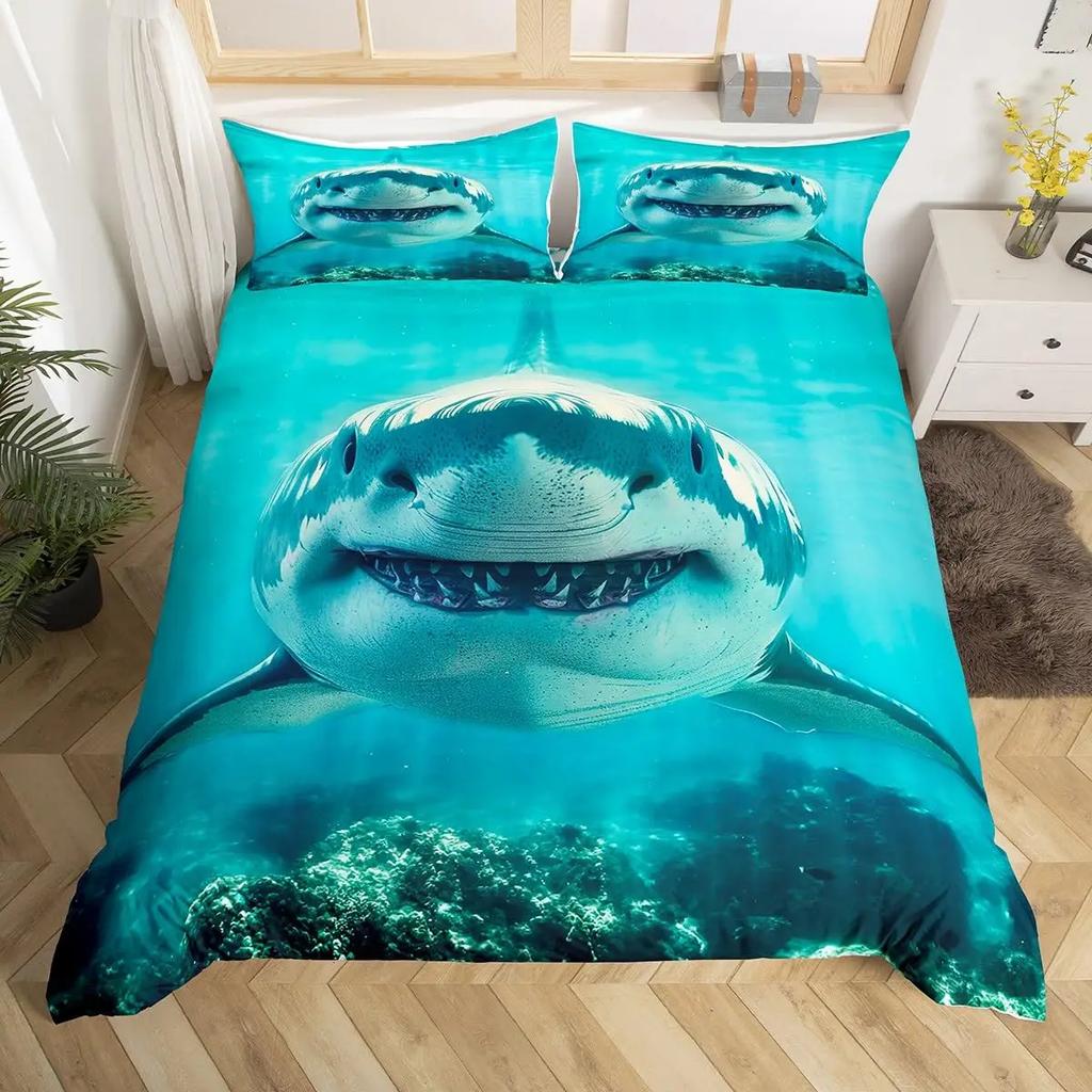 Shark Fish Print Soft Duvet Cover Set Lovely Underwater Animals Premium Soft Beding Set Children Tens Adult Peoples Blue Warm Comforter Cover Sets
