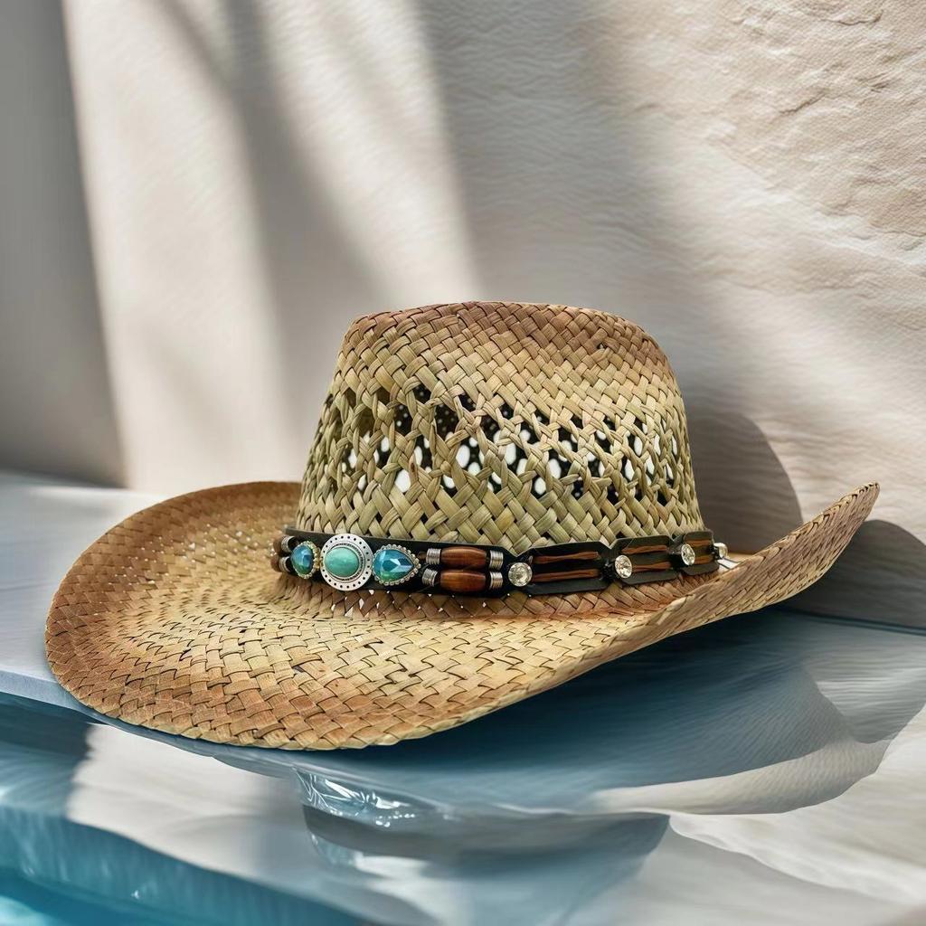 Rhinestone Cowboy Hat Straw Sun Hat for Women Men Beach Vintage Western Cowgirl Party Summer Festival Country Music Headwear