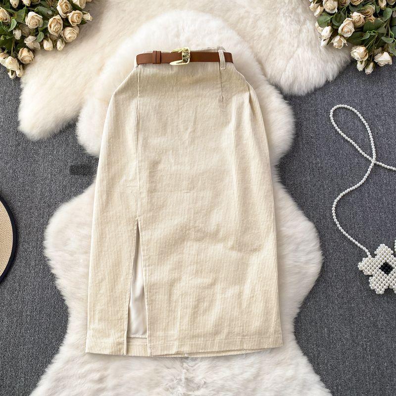 

Retro Corduroy Mid Length Long Length Split Knee-Length Skirt Beige White S