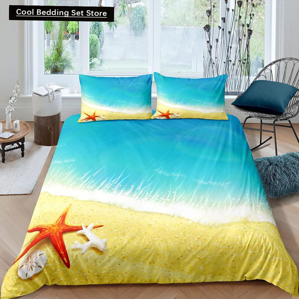Beach Starfish Seashell King Queen Duvet Cover White Ocean Creatures Bedding Set Hawaii Quilt Cover Polyester Comforter Cover