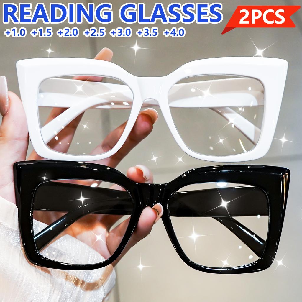 2Pcs Fashionable Cat Eye Reading Glasses For Women Men Large Frame Presbyopia Eyewear For Home Travel Party