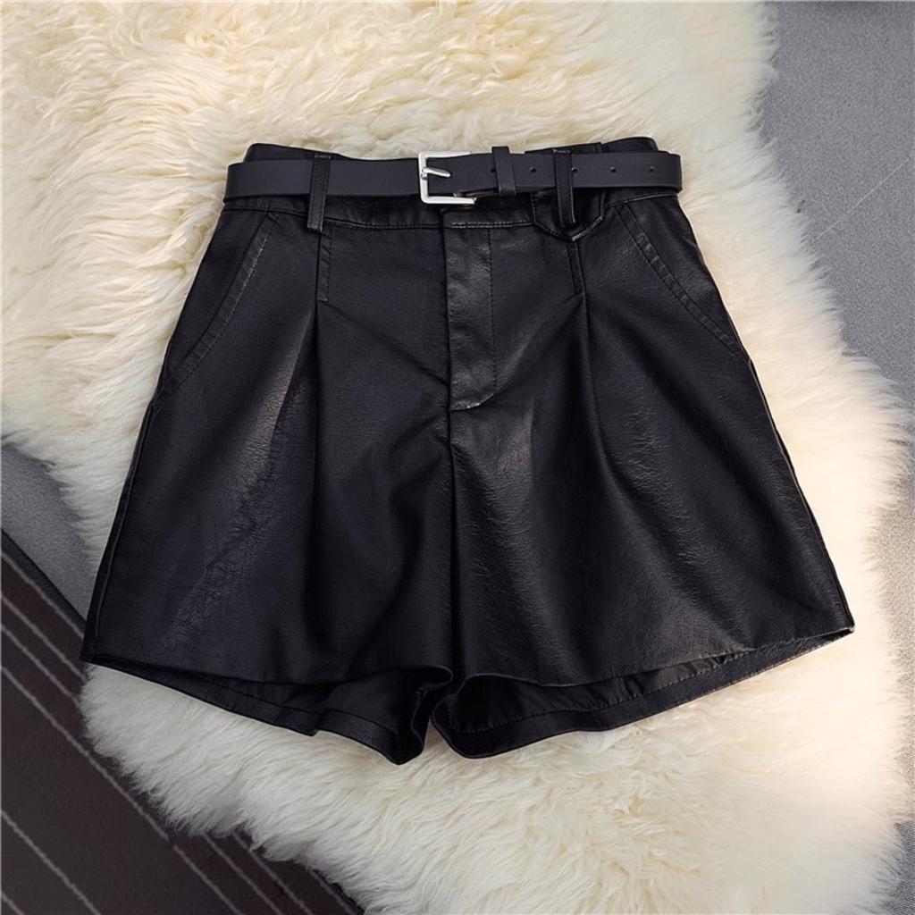 Women's High Waist PU Leather Shorts Wide Leg Loose Fit Casual Mini Boots Pants