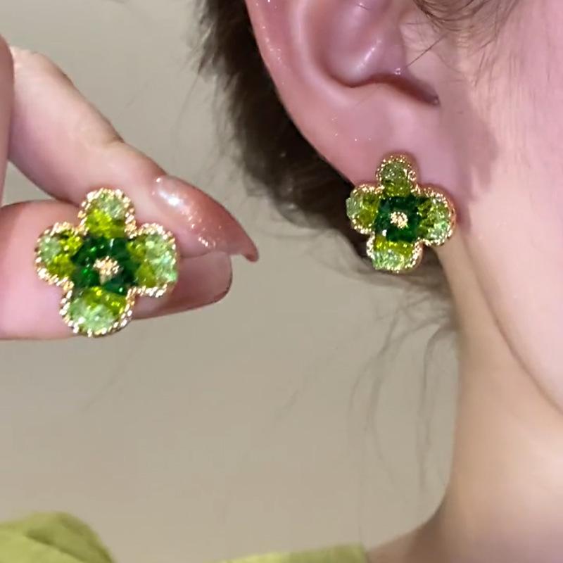 PONYKISS  Sterling Silver Green Crystal Flower Stud Earrings for Women Minimalist Cute Fine  Plant Accessories