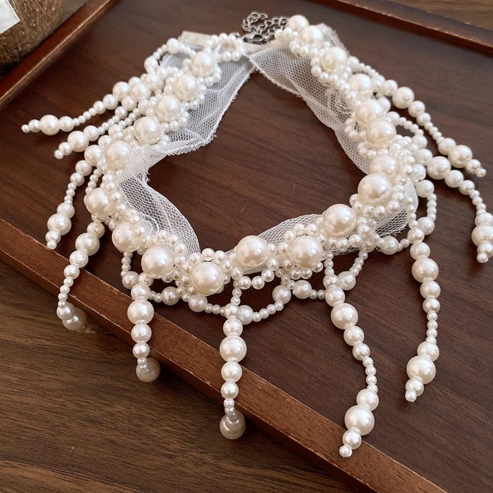 Creative Pearl Lace Choker Zinc Zinc Alloy Mesh Neck Jewelry Neck Pendant Tassel Beads Necklace Women