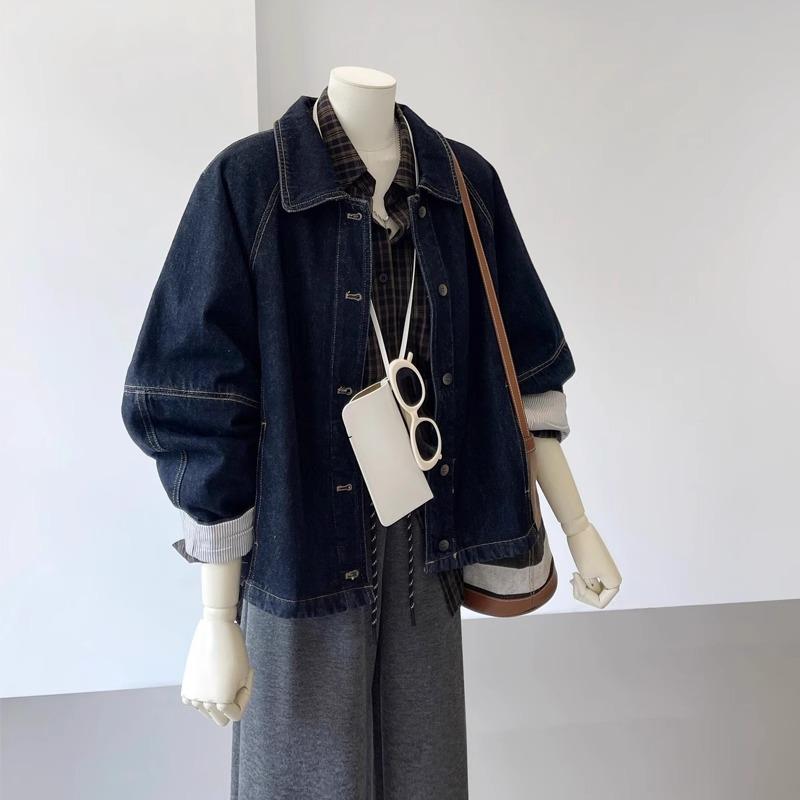 Manteau en Denim Vintage Femme Printemps Automne Mode Veste en Jean Courte Décontractée Manches Splicing Ample Cowboy