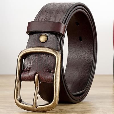 Cinturón para hombre de cuero genuino con hebilla de latón, retro repujado, primera capa de cuero vacuno real, hebilla japonesa, hecho a mano, borde crudo, fondo claro, denim