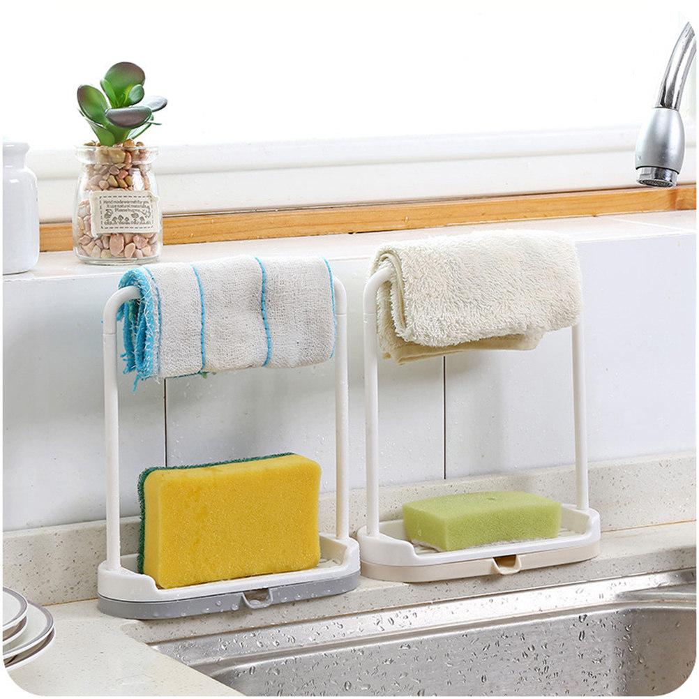 Plastic Countertop Dishcloth Drying Rack with U-Shaped Towel Bar Slotted Soap Plate Side Drain Spout Easy Clean Beige Kitchen