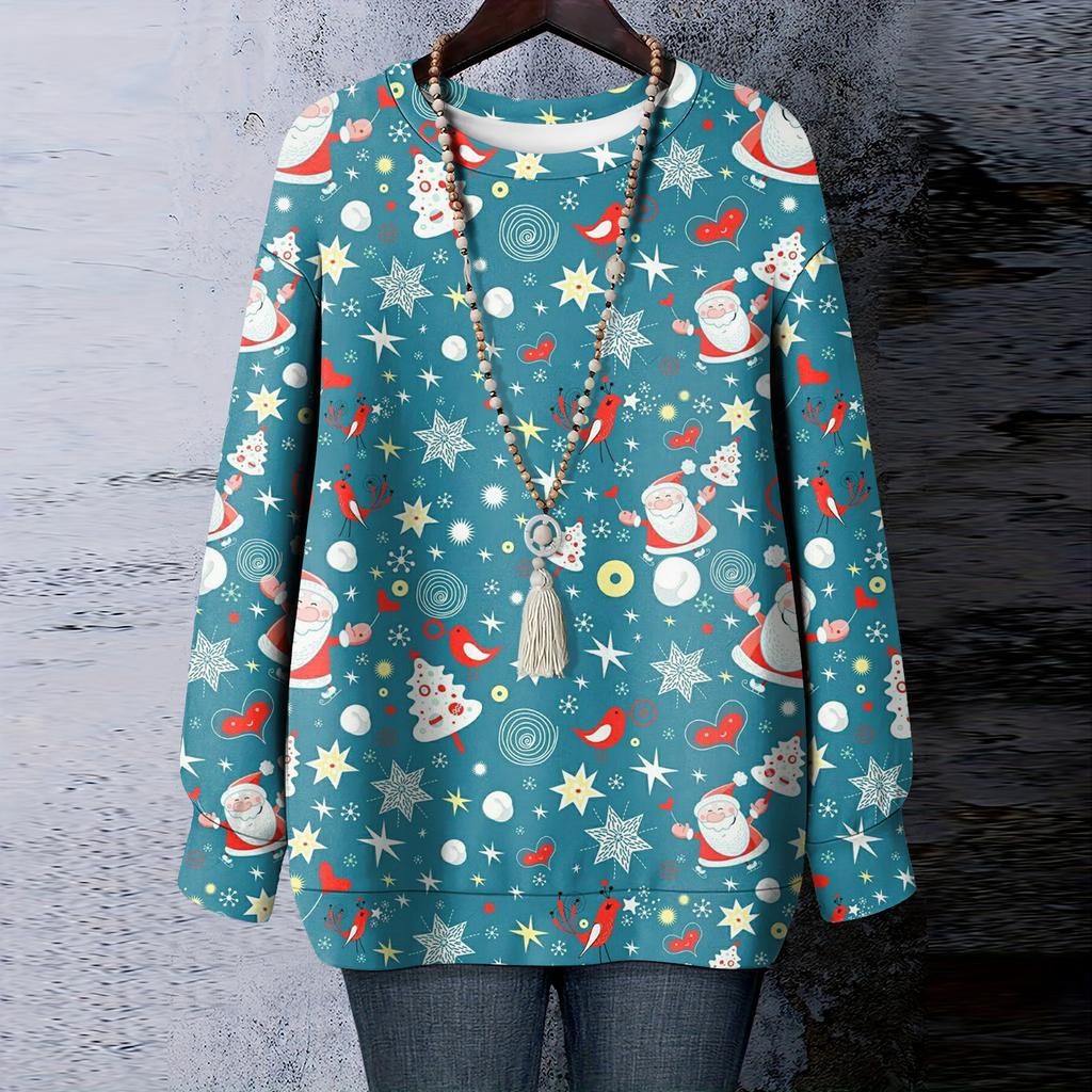 Ladies' Christmas Printed Round Neck Long Sleeved T-shirt Sweatshirt Top