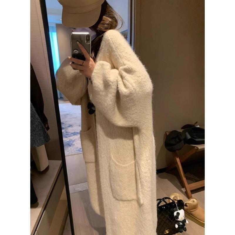 

Мягкий восковой высококлассный ленивый ветер средней длины вязаный кардиган женский осенне-зимний утолщенный свободный свитер куртка пальто One size