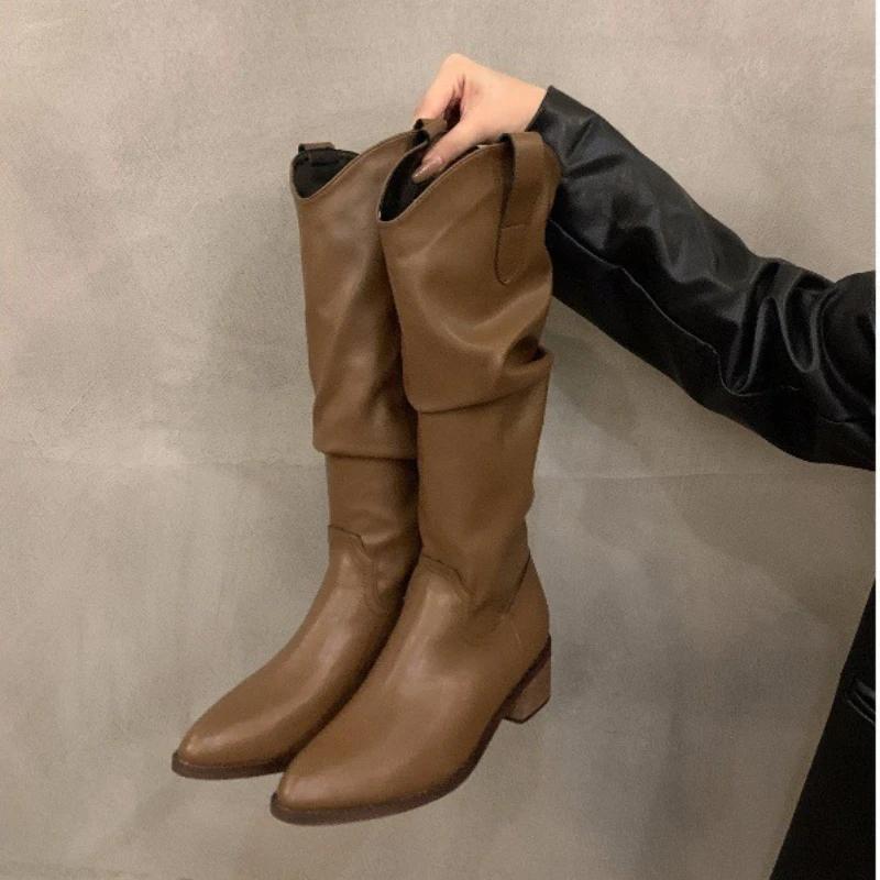 Fashion Hot Selling Women Boots Vintage Chunky Heel Cowboy Boots 2025 Autumn Faux Suede Long Boots Woman Pointy Knee-high Botas Mujer