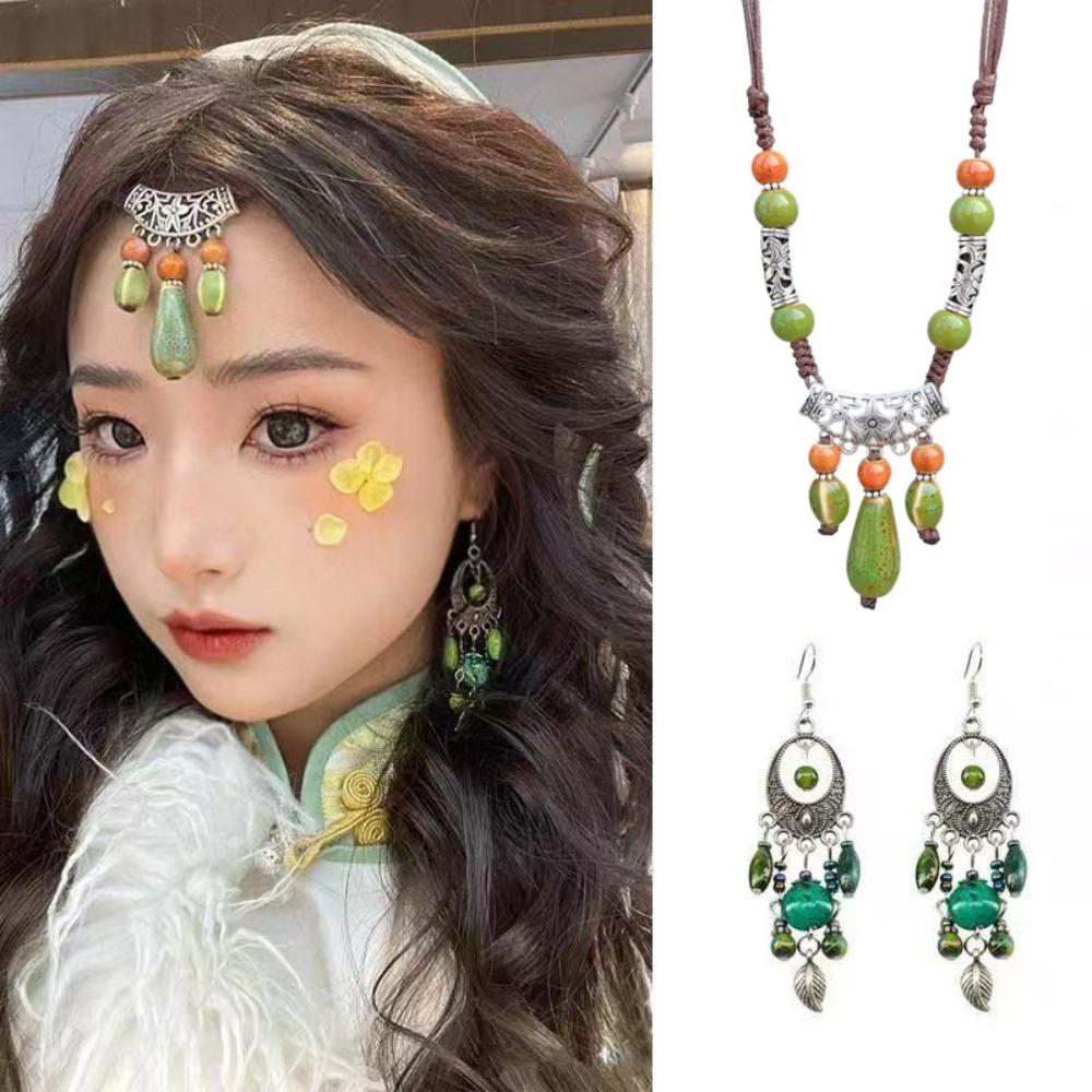 Geometric Ethnic Style Beaded Headdress Retro Tassel Forehead Headband  Gift зелёный