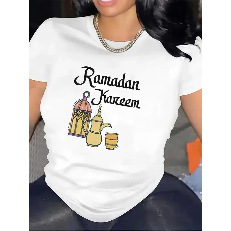 

Европейские размеры Женская футболка «Ramadan Kareem» - Черно-белая рубашка с исламским декором и фонарями, Мягкий эластичный полиэстер для дома S белый
