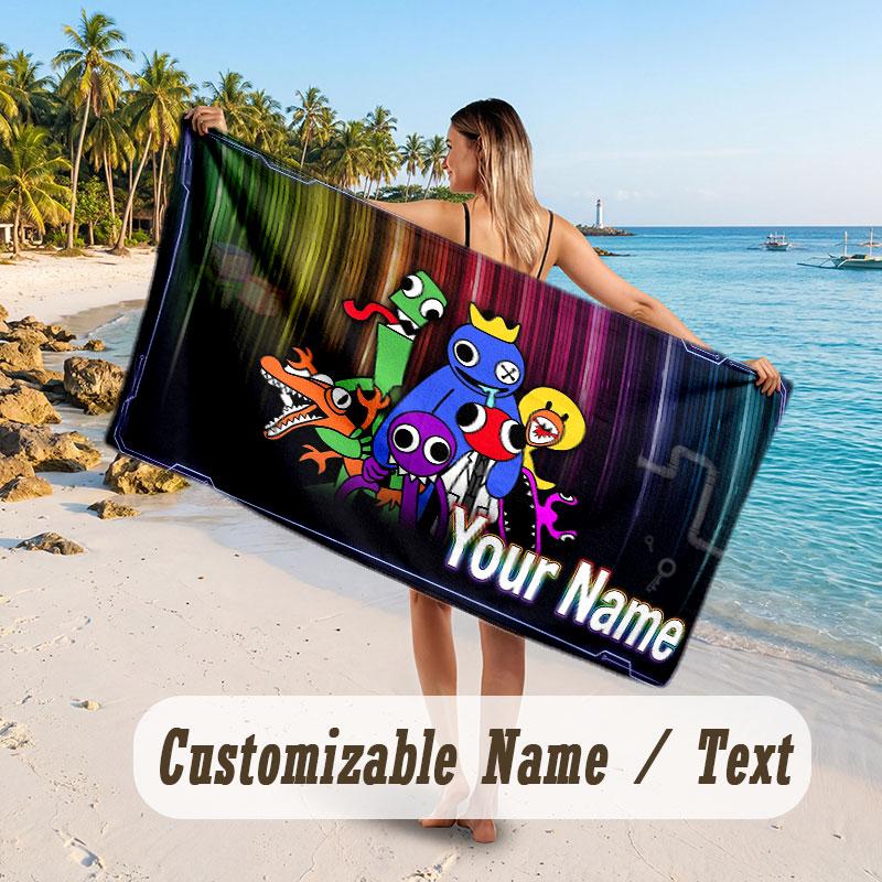 Personalized Beach Towel,Rainbow Friends Custom Printed Name Text, Super Absorbent Towel For Beach Vacation