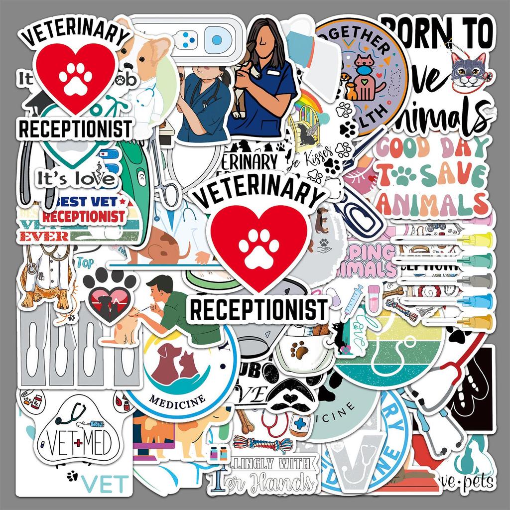 51 Waterproof Veterinary Cartoon Stickers for Thermos Cups, Journals, and Suitcases