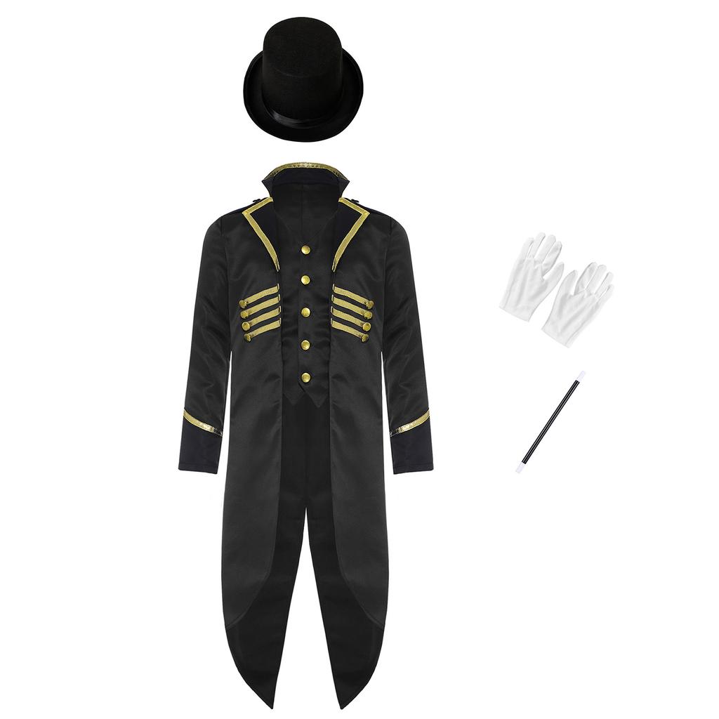 Dětský viktoriánský steampunkový kostýmový set Čtyřdílný smokingový frak s cylindrem, rukavicemi a kouzelnickou hůlkou Maškarní