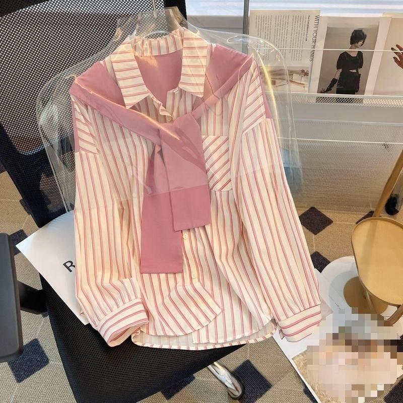 Chemise à manches longues pour femme avec rayures 3D et col polo pour un look décontracté de printemps