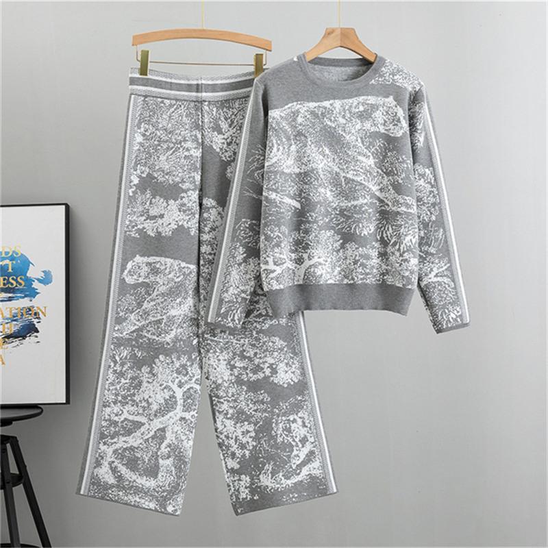 

Тканый костюм с тигровым принтом для женщин Осенний свитер Свободные брюки широкого кроя Комплект из двух предметов One Size серый