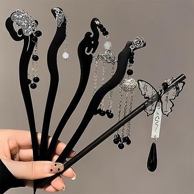 Vintage Tassel Ancient Style Ebony Hairpin Women Temperament Elegant Coiled Hairpin Chinese Hanfu Accessories