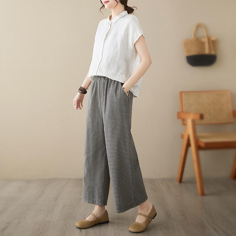 Summer new cotton and linen elastic waist loose casual nine-point wide-leg straight pants women's thin