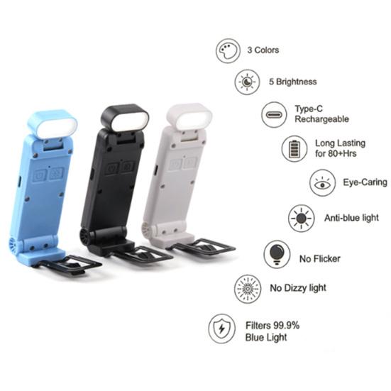 Clip Type Reading Light Rechargeable Portable USB-C Fast Charging Foldable 3 Color Temp 5 Brightness Levels LED Indicators Bed Light