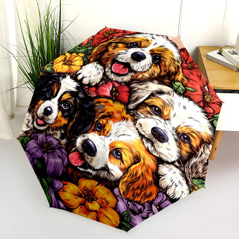 0106 Dog In Flower Bush  Pattern, Automatic Folding Umbrella, Portable and Foldable Design, 8 Ribs, a Christmas or Birthday Gift.