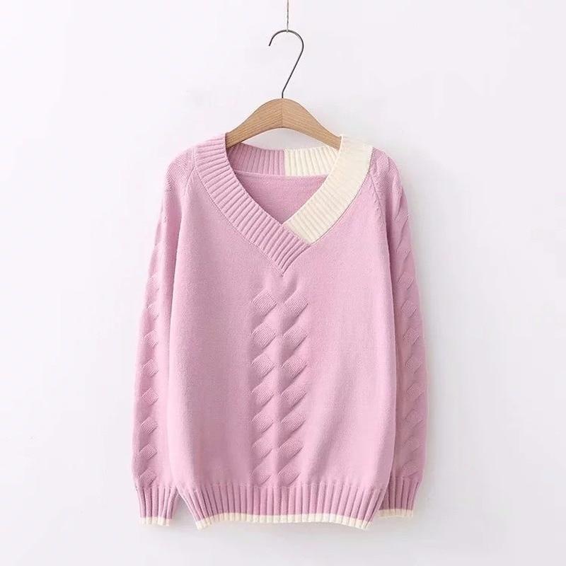Knitted Sweater Female Long-sleeved Color Matching V-neck Sweater Women Pullover Spring