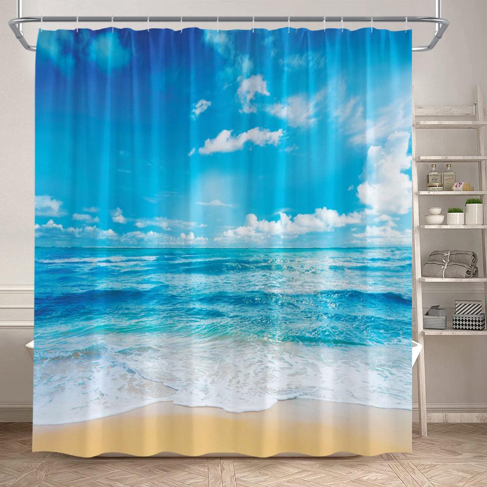 Hawaii Blue Ocean Shower Curtain Sea Waves Beach Coconut Tree Tropical Nature Scenery Bath Curtains Fabric Home Bathroom Decor