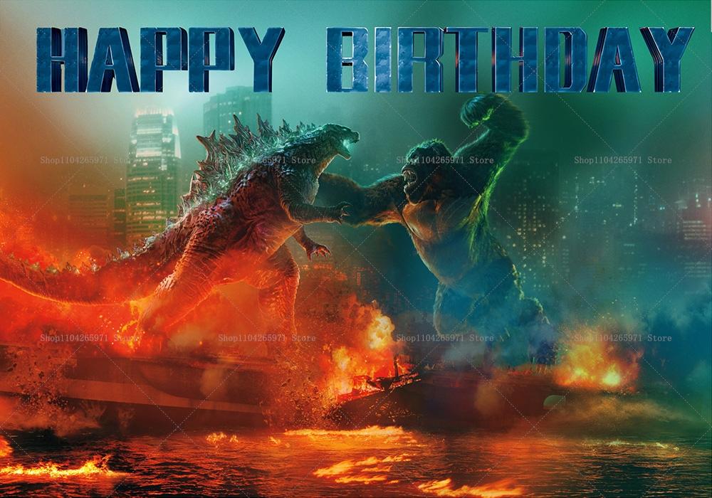 Godzilla Vs King Kong Cartoon Backdrop Banner Monster Clash Adventure Theme Kids Birthday Party Decor Photo Background Supplies