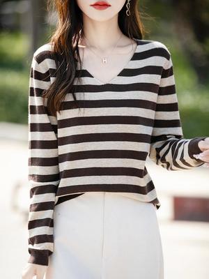 2025 Autumn Women's Striped V-Neck Long Sleeve Loose Knitted Sweater Pullover - French Design