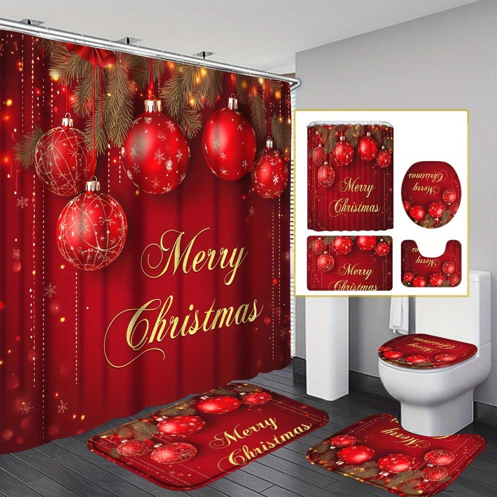4Pcs Merry Christmas Shower Curtain Set with Non-Slip Bath Mat, Toilet Lid Cover, Contour Rug & 12 Hooks, Bathroom Decor
