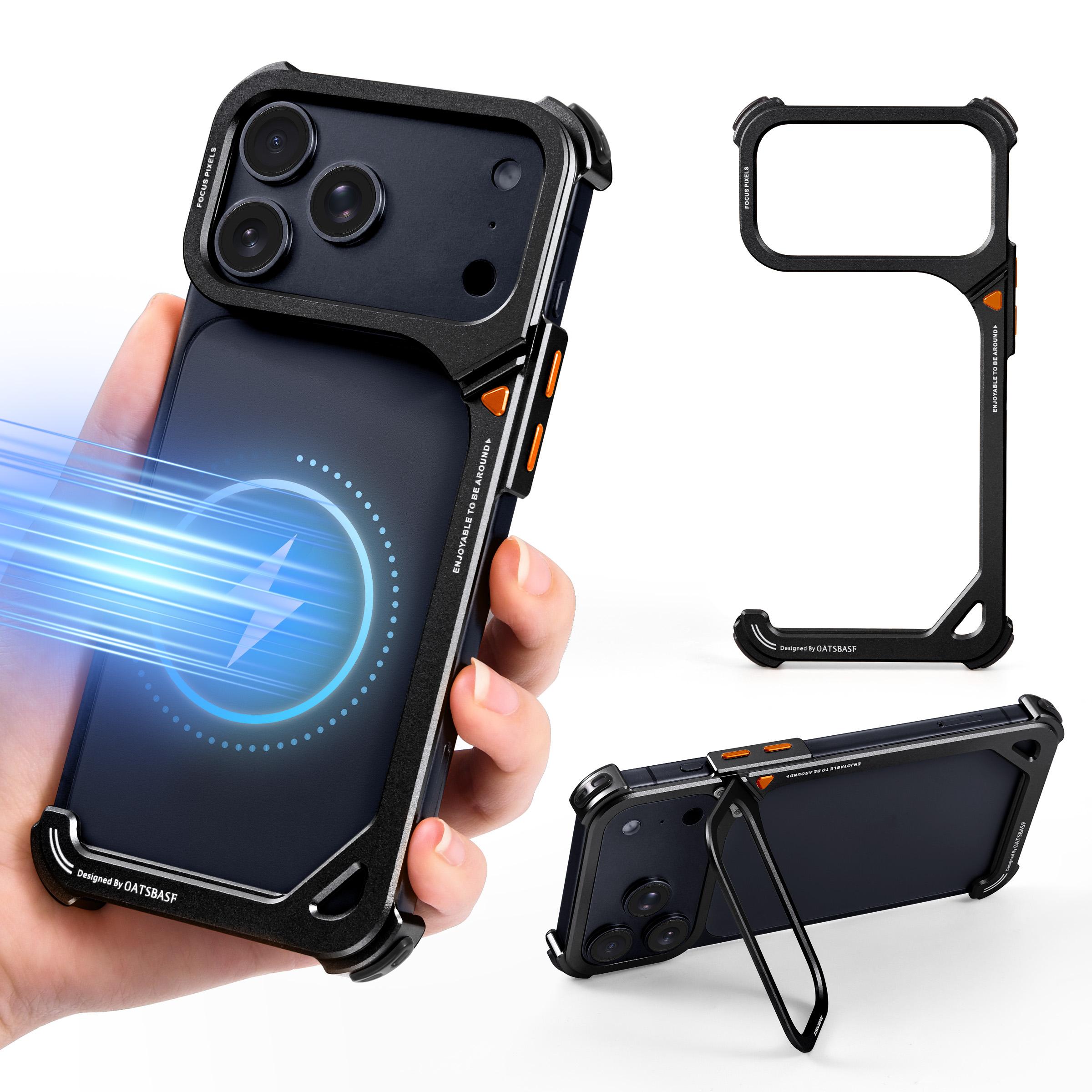 

Oatsbasf Безрамочный металлический чехол для телефона с дизайном 9 для iPhone 17 Pro Max / 17 Pro, чехол для телефона с регулируемой на 90° скрытой подставкой для камеры iPhone17 Pro Max чёрный