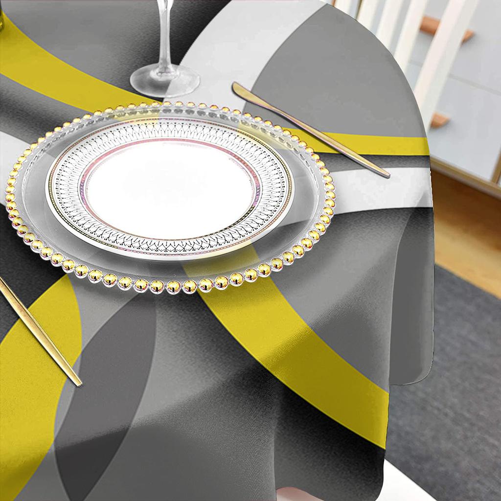Față de masă rotundă galbenă cu geometrie de artă modernă abstractă, impermeabilă, pentru decorarea petrecerii de nuntă, husă de masă