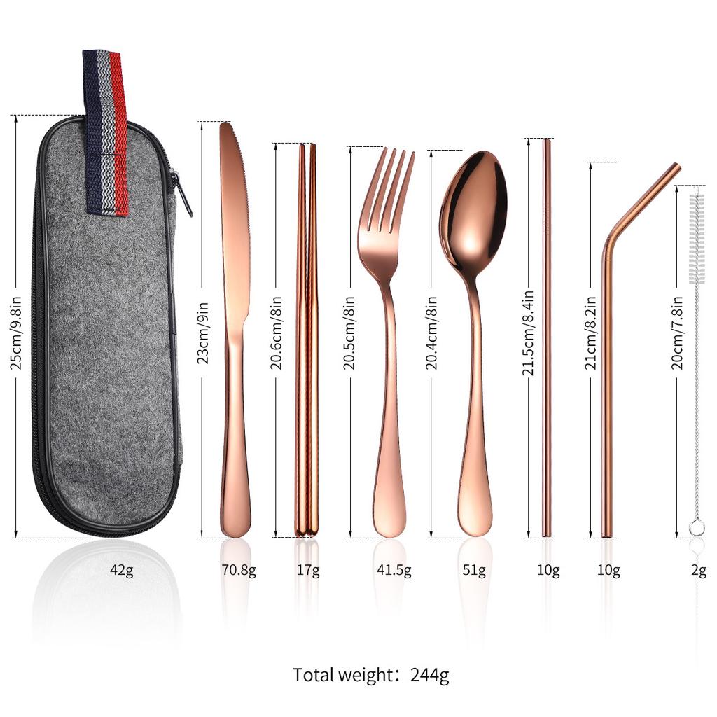 Stainless Steel Tableware Set, Portable 7-piece Set, Knife, Fork, Spoon, Chopsticks, Straw, Camping Supplies Storage, Cross-border Durability 2026