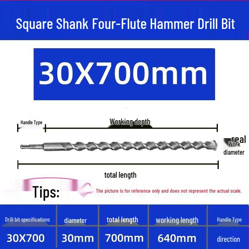 Extended Electric Hammer Drill Bit, Square & Round Shank, for Concrete Piercing - Available in 500mm to 2m Lengths