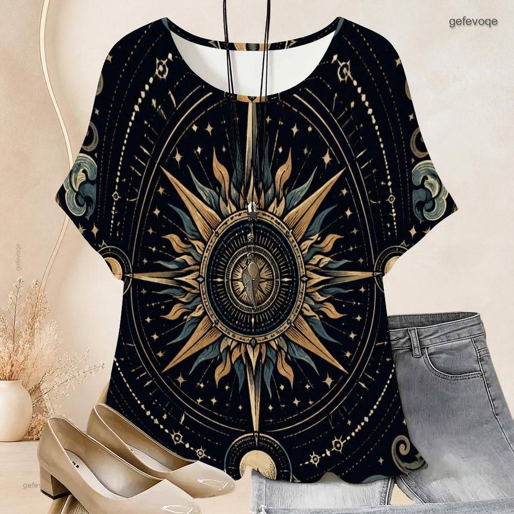 Damen Übergröße Fledermausärmel Kurzarm Oberteil Rundhals Stern Farbspritzer Print Locker Lässige Tunika Bluse
